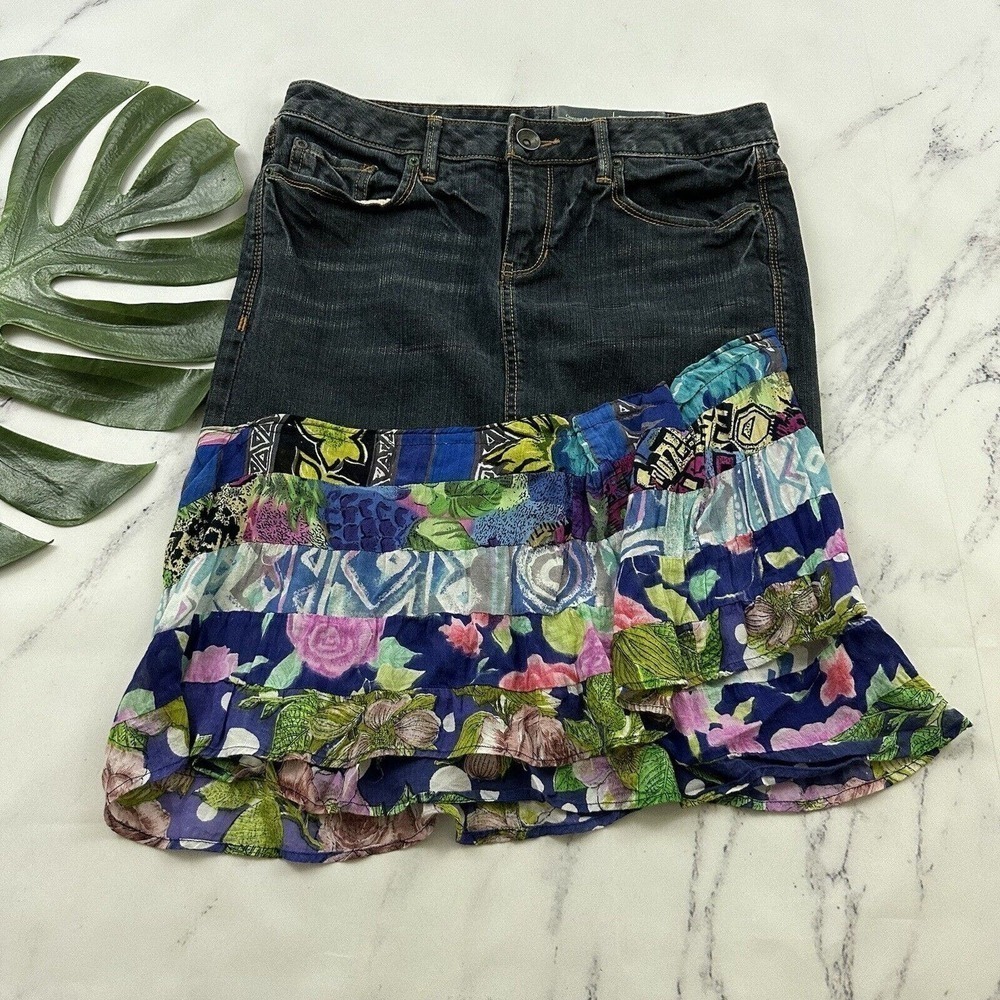 Converse Womens Vintage Y2k Denim Skirt Size M Floral Ruffle Trim Blue Purple
